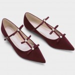 Burgundy Red Suede Mini Straps Pearl Point Head Ballerina Ballets Sandals Flats Shoes