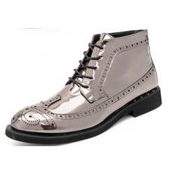 Silver Mirror Metallic Shiny Baroque Lace Up Studs Dappermen Mens Oxfords Shoes Boots