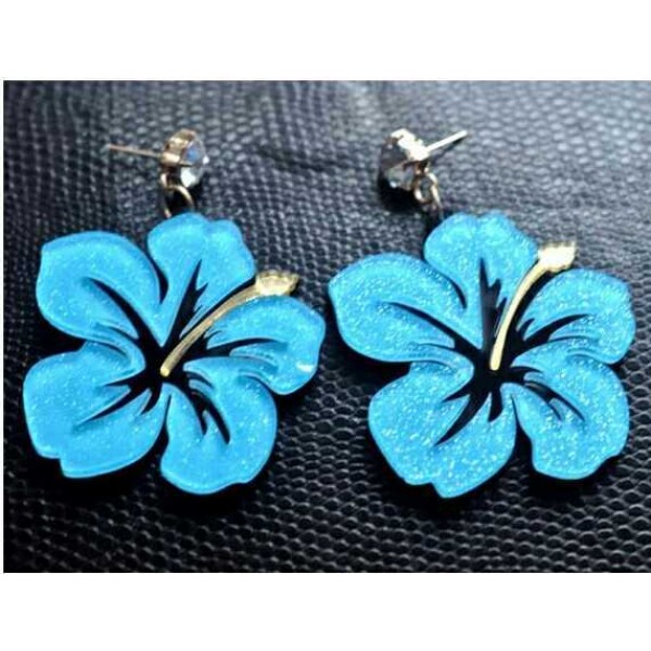 Blue Giant Hawaii Hibiscus Flower Funky Acrylic Oversized Earrings Ear Drops