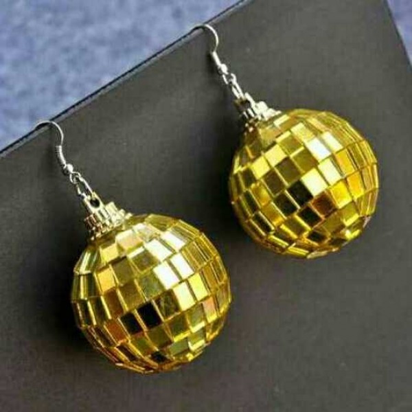 Gold Giant Mirror Disco Ball Oversized Earrings Ear Drops