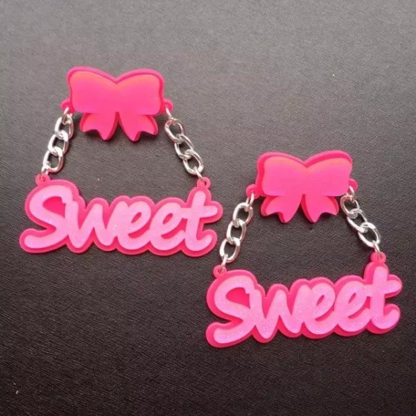 Pink Fushia Giant Ribbon Sweet Funky Acrylic Oversized Earrings Ear Drops