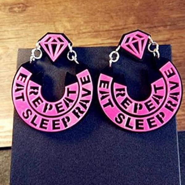 Pink Repeat Eat Sleep Rave Acrylic Oversized Earrings Ear Drops