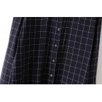 Navy Blue Checkers Vintage Retro Pattern Cotton Long Sleeves Blouse Shirt