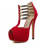 Red Suede Gold Straps Platforms Peeptoe T Strap Stiletto High Heels Sandals