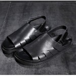 Black Leather Slingback Flats Fashion Mens Gladiator Roman Sandals