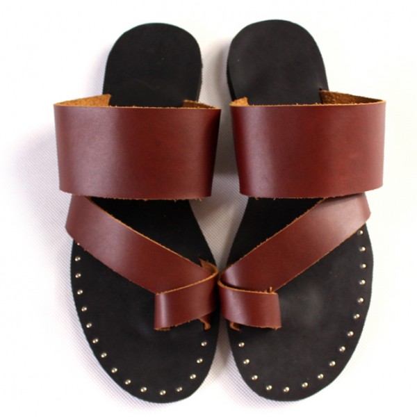 Brown Leather Thumb Studs Flip Flop Flats Fashion Mens Gladiator Roman Sandals