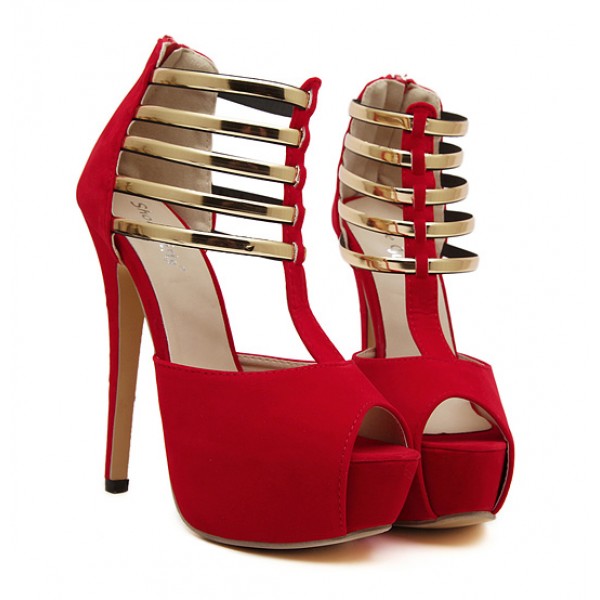 Red Suede Gold Straps Platforms Peeptoe T Strap Stiletto High Heels Sandals