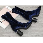 Blue Navy Velvet Suede Stretchy Blunt Head High Heeks Mid Calf Boots Shoes