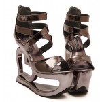 Silver Grey Metallic Shiny Platforms Heart Hollow Out Wedges Sandals Bridal Shoes