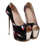 Black Patent Red Lipsticks Peeptoe Platforms Stiletto High Heels Shoes