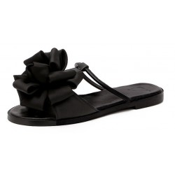 Black Satin Flowers Floral Flats Sandals Shoes