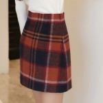 Orange Brown Tartan Check Plaid Checkers Woolen Bodycon A Line Mini Skirt