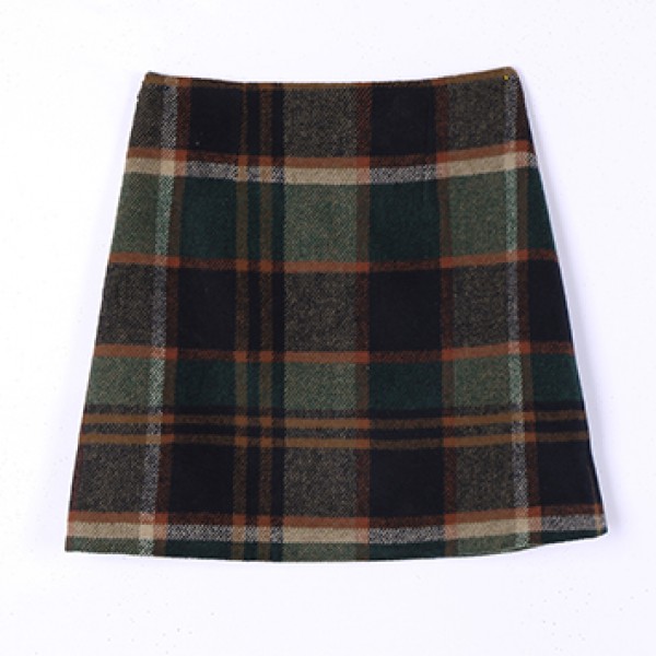 Green Brown Tartan Check Plaid Checkers Woolen Bodycon A Line Mini Skirt