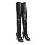 Black Stretchy PU Thigh High Round Head Stiletto High Heels Long Boots Shoes
