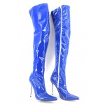 Blue Sexy Patent Glossy Thigh High Pointed Head Stiletto High Heels Night Club Long Boots