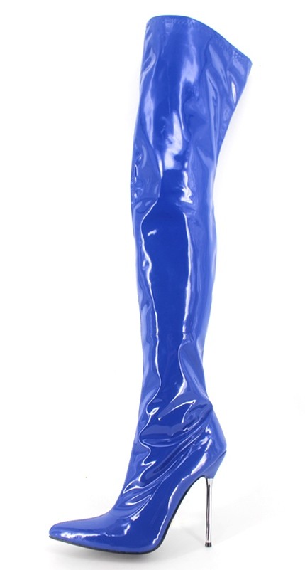 Blue Sexy Patent Glossy Thigh High Pointed Head Stiletto High Heels ...