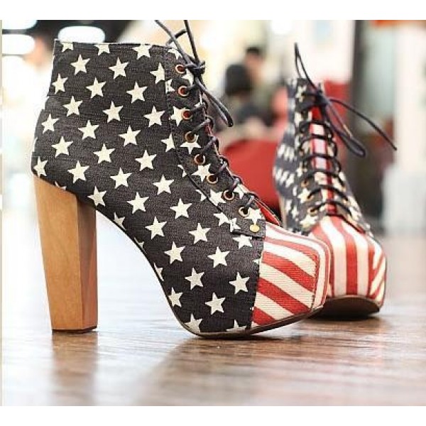 USA Flags Lace Up Platforms Cuban High Heels Boots Shoes
