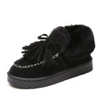 Black Woolen Tassels Chunky Suede Short Ankle Snow Boots Shoes