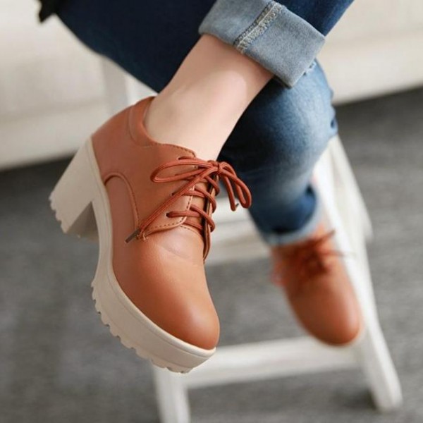 Brown Lace Up Platforms Chunky Heels Oxfords Shoes
