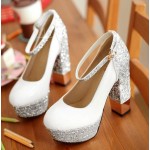 White Silver Glitter Bling Bling Platforms Block High Heels Bridal Shoes