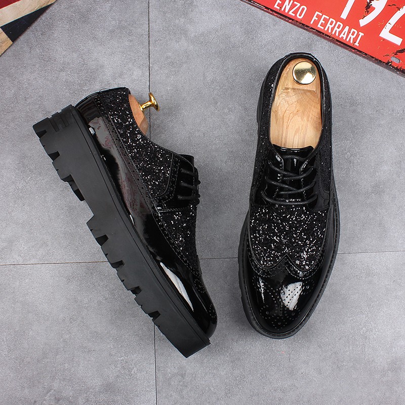 Black Glossy Patent Glitters Cleated Sole Mens Oxfords Loafers ...