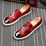Red Glitters Bee Embroidery Sneakers Loafers Sneakers Mens Shoes Flats