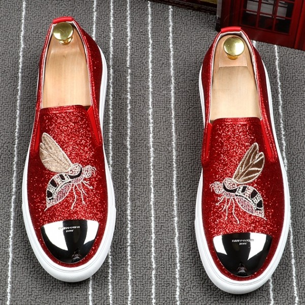 Red Glitters Bee Embroidery Sneakers Loafers Sneakers Mens Shoes Flats