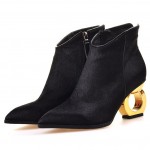Black Pony Fur Point Head Gold Ring Chelsea Boots Shoes