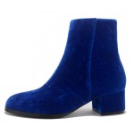 Blue Royal Velvet Blunt Head Heels High Top Boots Shoes