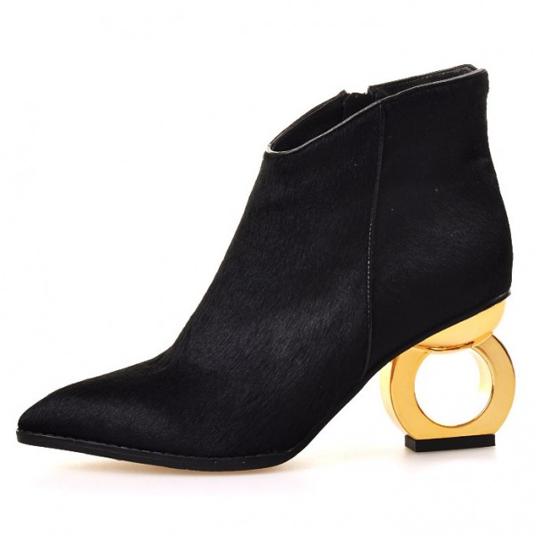 Black Pony Fur Point Head Gold Ring Chelsea Boots Shoes
