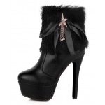 Black Rabbit Fur Ribbons Gold Star Platforms Stiletto High Heels Boots Shoes