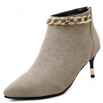 Khaki Suede Metal Chain Point Head Heels Ankle Boots Shoes