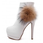White Fur Pom Platforms Stiletto High Heels Ankle Boots Shoes