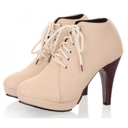 Beige Lace Up Stiletto High Heels Platforms Ankle Rider Booties Boots