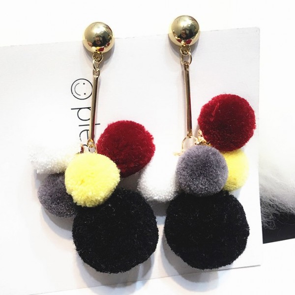 Black Fur Flurry Colorful Poms Long Earrings Ear Drops