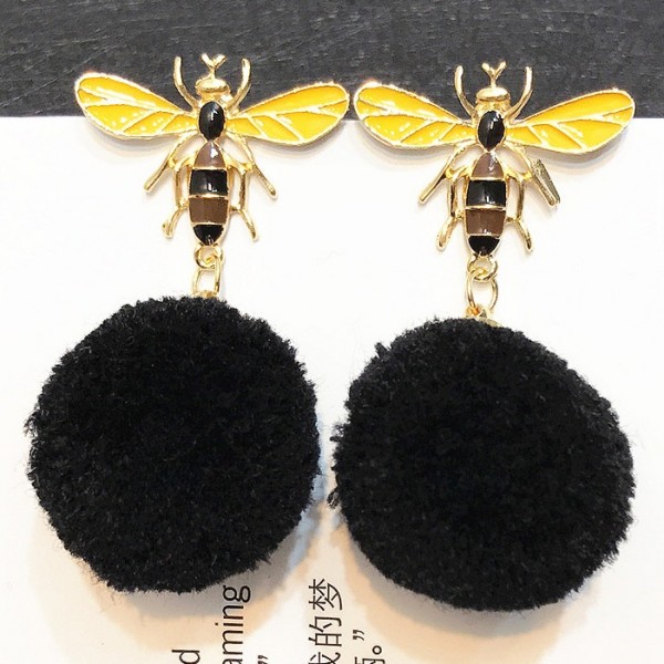 Black Fur Flurry Giant Pom Bee Earrings Ear Drops