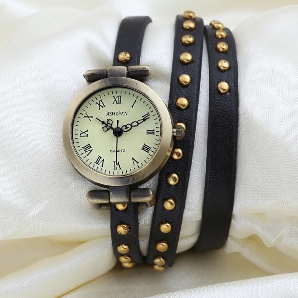 Black Studs Long Belt Strap Bracelet Bangle Wristband Quartz Watch 25 mm