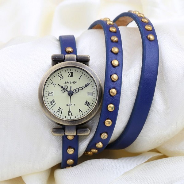 Blue Studs Long Belt Strap Bracelet Bangle Wristband Quartz Watch 25 mm