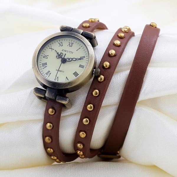 Brown Studs Long Belt Strap Bracelet Bangle Wristband Quartz Watch 25 mm
