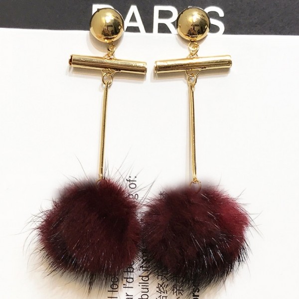 Burgundy  Giant Flurry Fur Poms Earrings Ear Drops