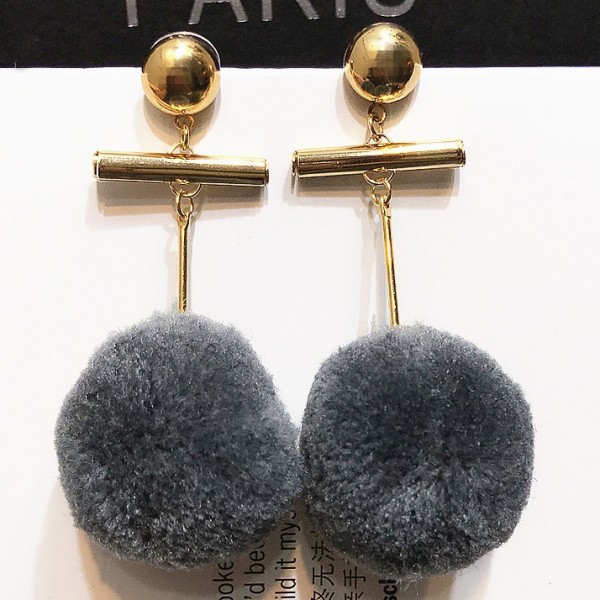 Grey Fur Flurry Giant Pom Long Earrings Ear Drops