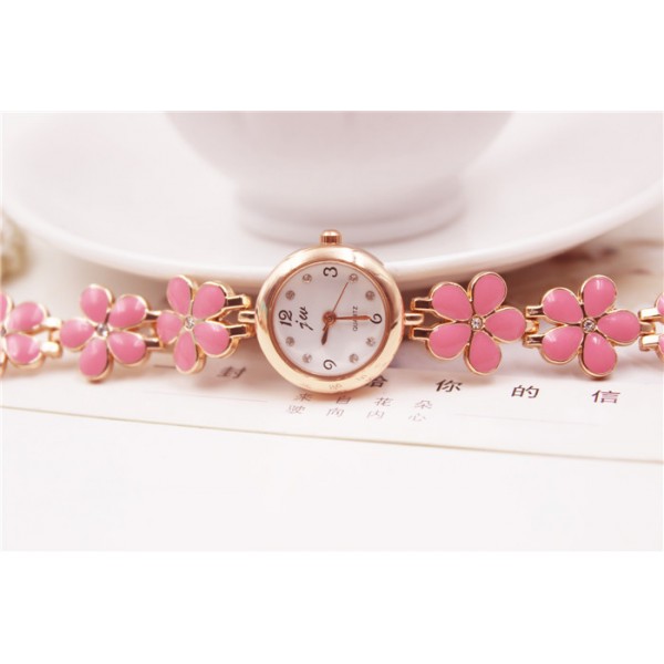 Pink Flowers Gold Metal Bracelet Bangle Wristband Quartz Watch 25 mm