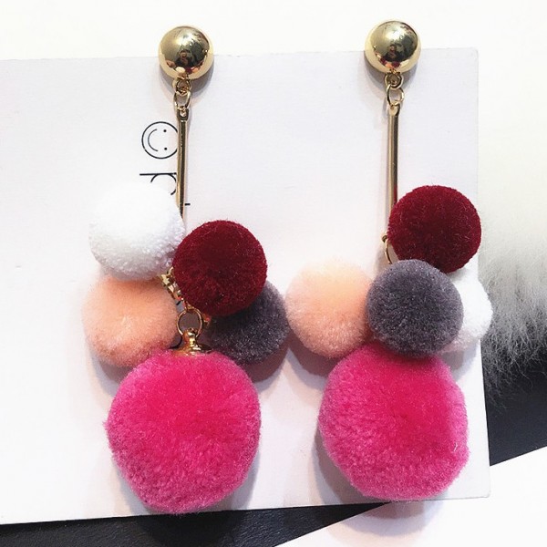 Pink Fushia Fur Flurry Colorful Poms Long Earrings Ear Drops