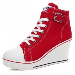 Red Canvas Buckles Straps Lace Up Platforms Wedges Sneakers Shoes