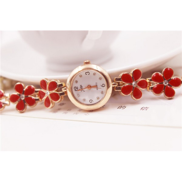 Red Flowers Gold Metal Bracelet Bangle Wristband Quartz Watch 25 mm
