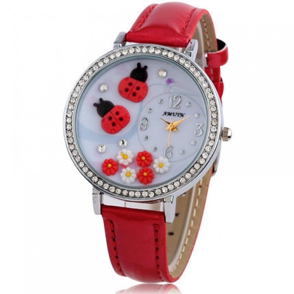 Red Strap Diamante Lady Bird Round Dial Watch Silver Case 40mm