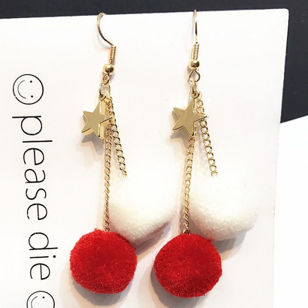 Red White Gold Star Fur Flurry Colorful Poms Long Earrings Ear Drops