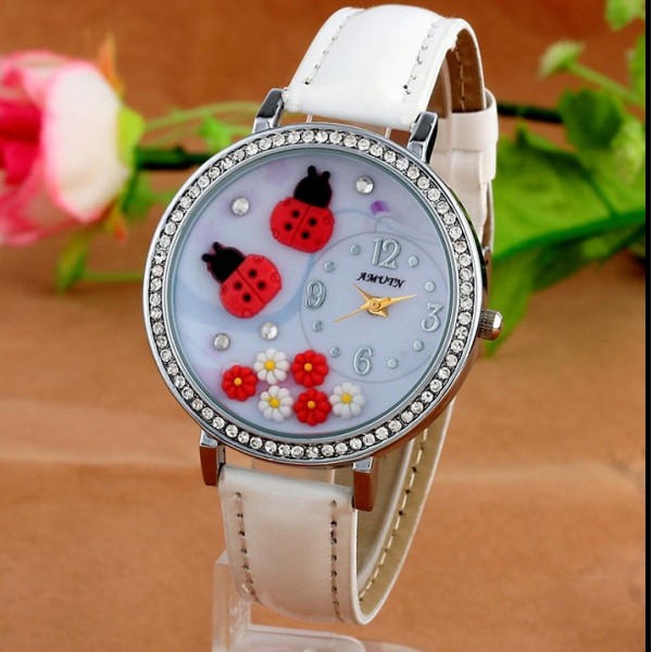 White Strap Diamante Lady Bird Round Dial Watch Silver Case 40mm