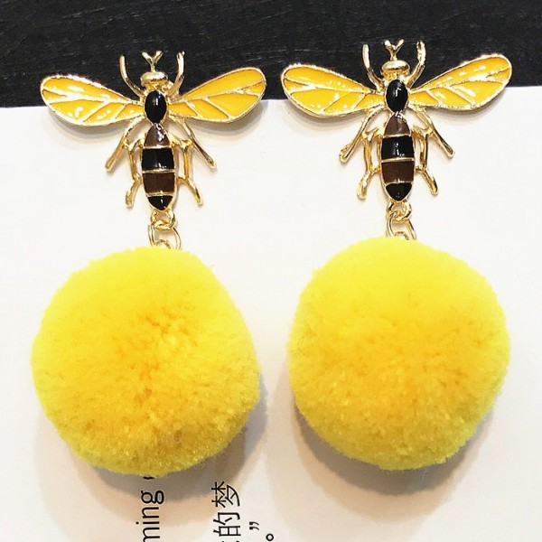 Yellow Fur Flurry Giant Pom Bee Earrings Ear Drops