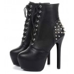 Black Lace Up High Top Spikes Platforms Stiletto High Heels Boots Shoes